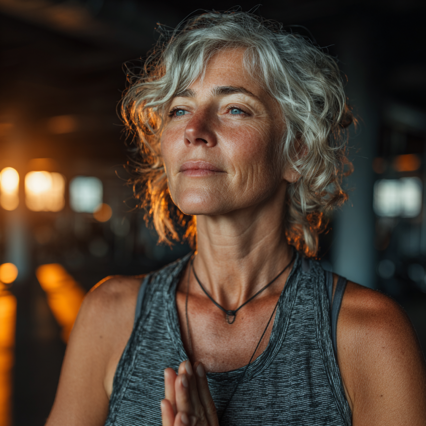 Літня жінка займається йогою