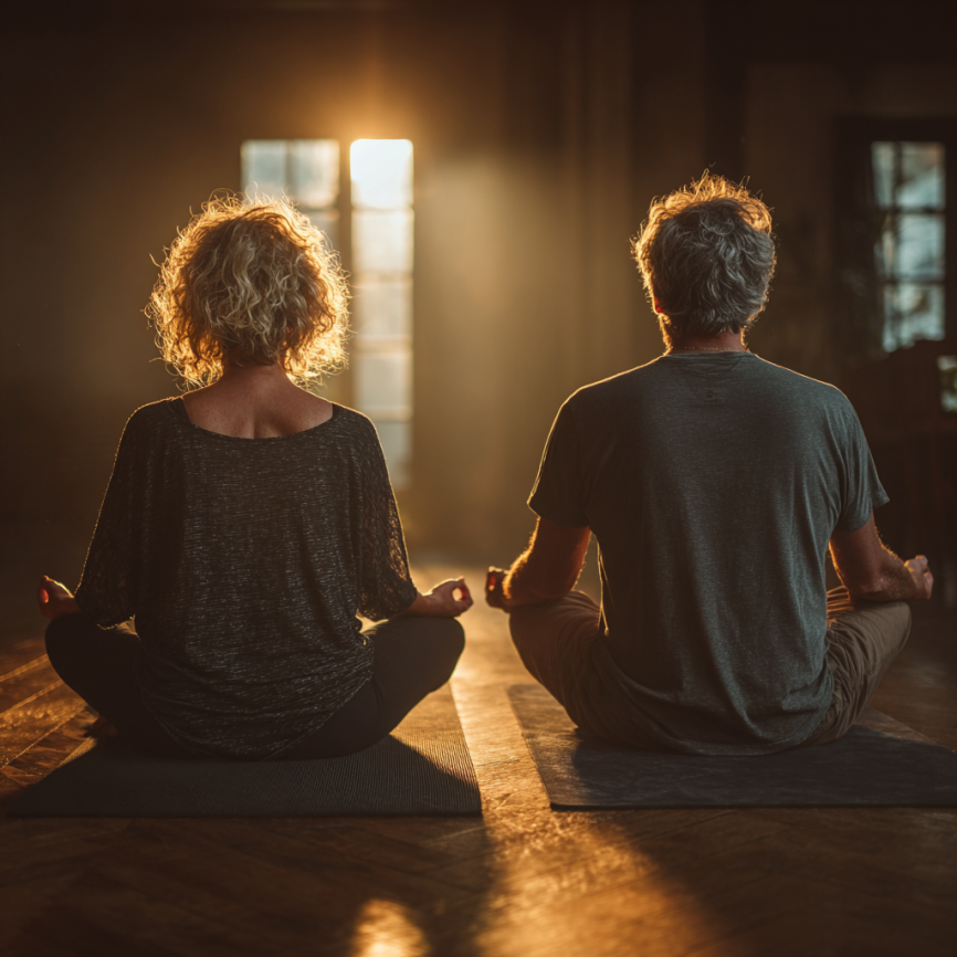 Група літніх людей займається м'якою йогою